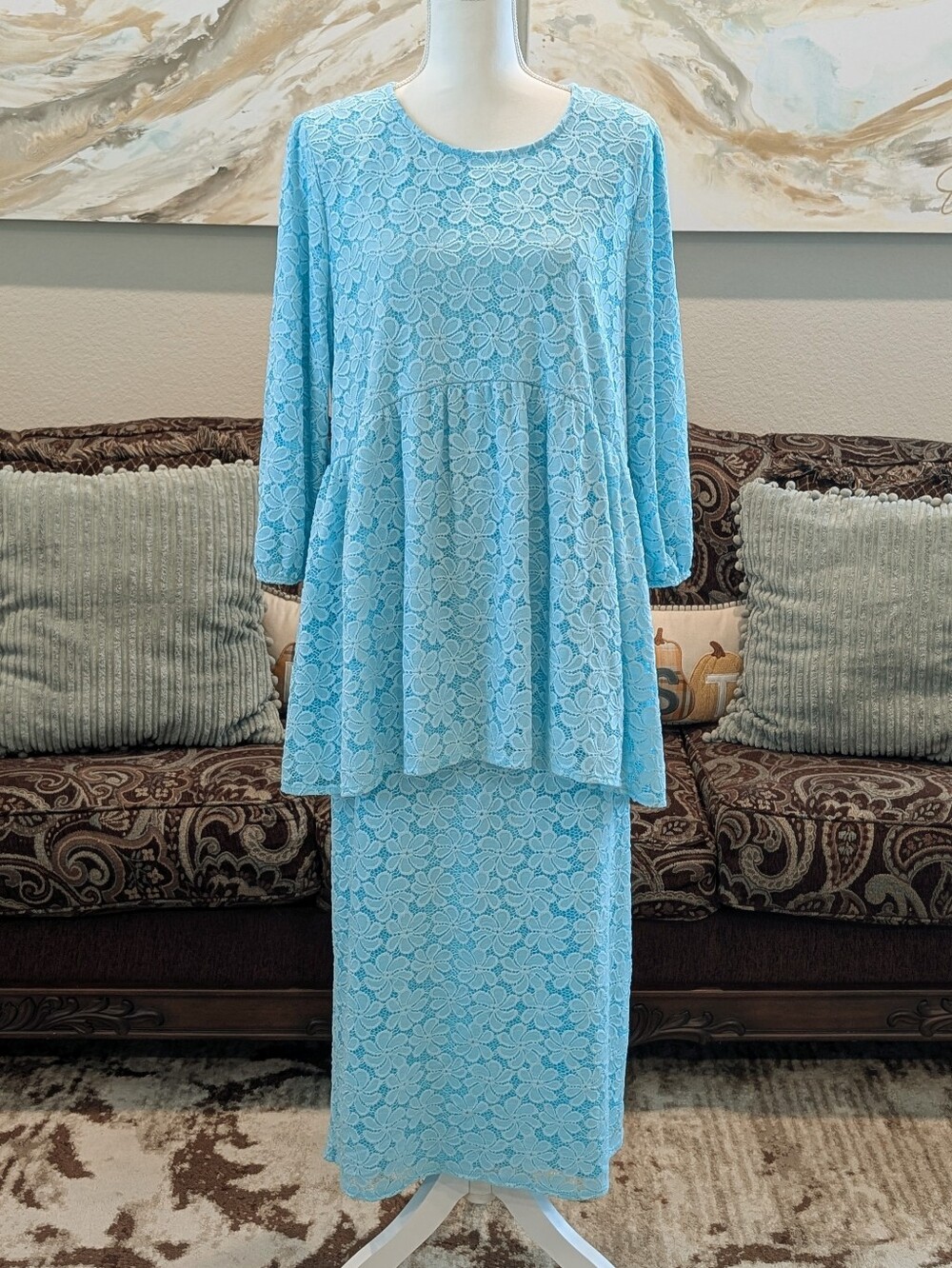 Light Blue Lace Two-Piece Outfit Set